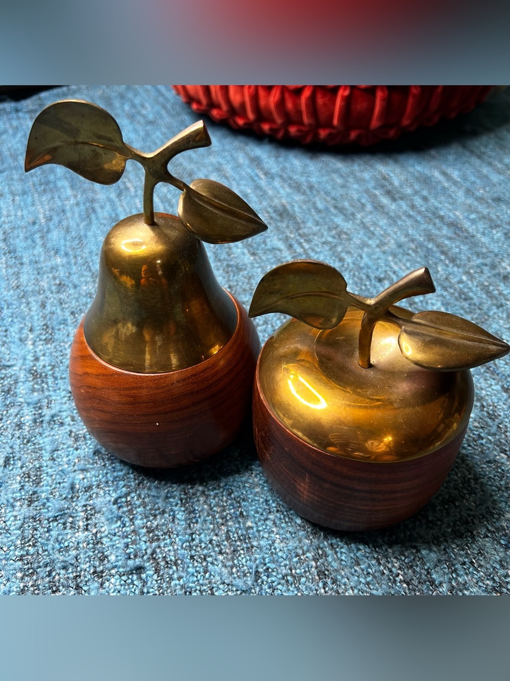 Vintage Pear & Apple Wooden Base Brass Metal Lid Containers Trinket Box MCM